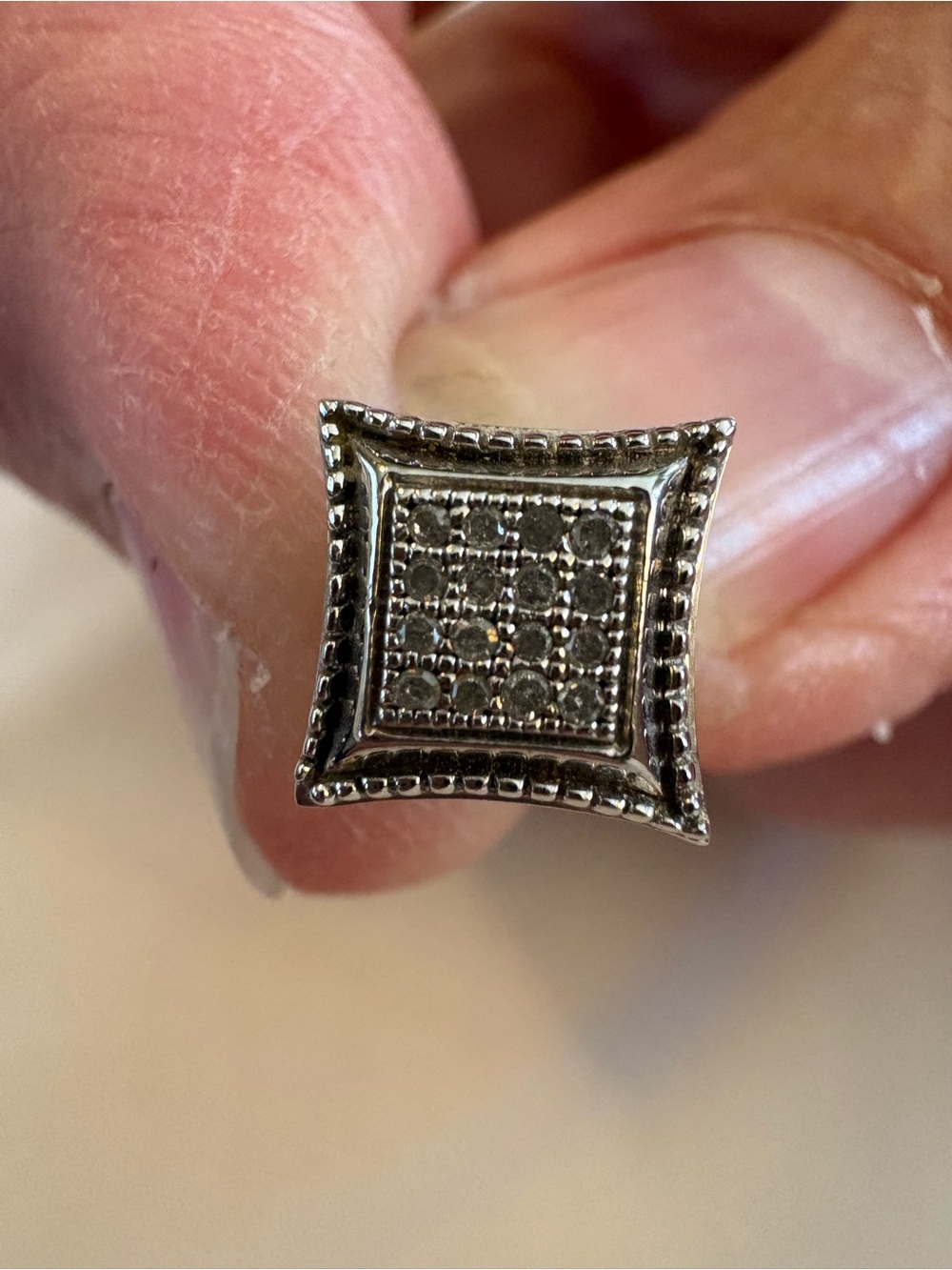 Source Unknown Silver Square Pavé Stud Earring. One only